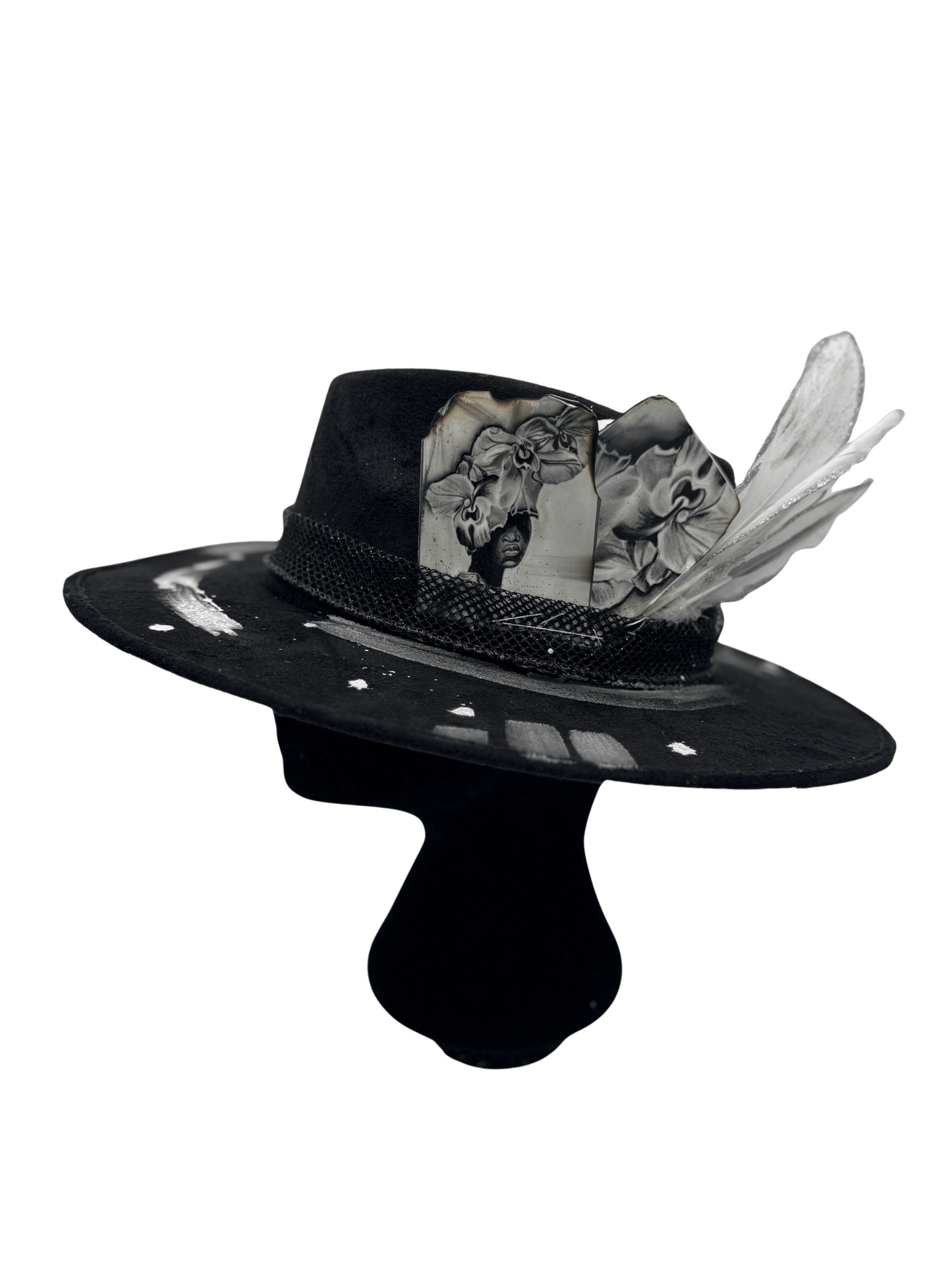 “Mystic Eclipse” – All-Black Vegan Suede Hat with Silver Splatter & Mystic Gaze Cards