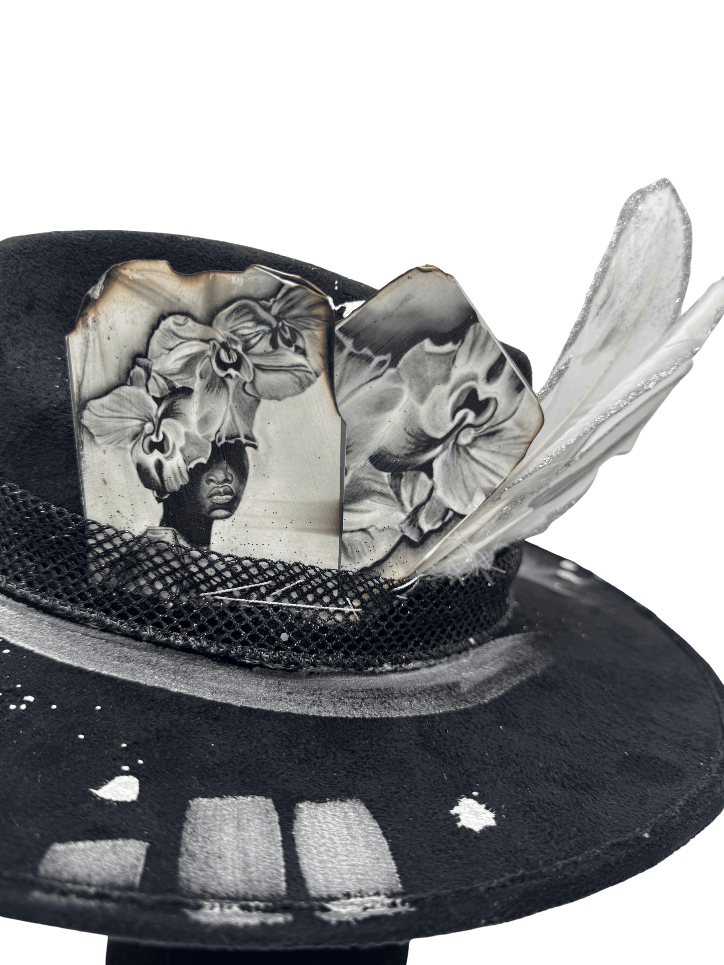 “Mystic Eclipse” – All-Black Vegan Suede Hat with Silver Splatter & Mystic Gaze Cards