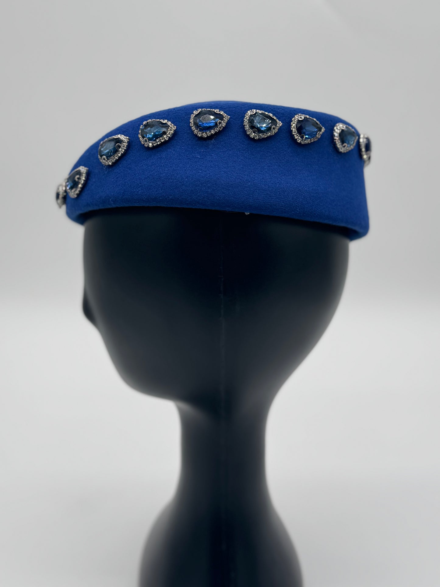 Royal Blue Wool Fascinator Hat with Crystal Embellishments – Handmade Statement Headpiece