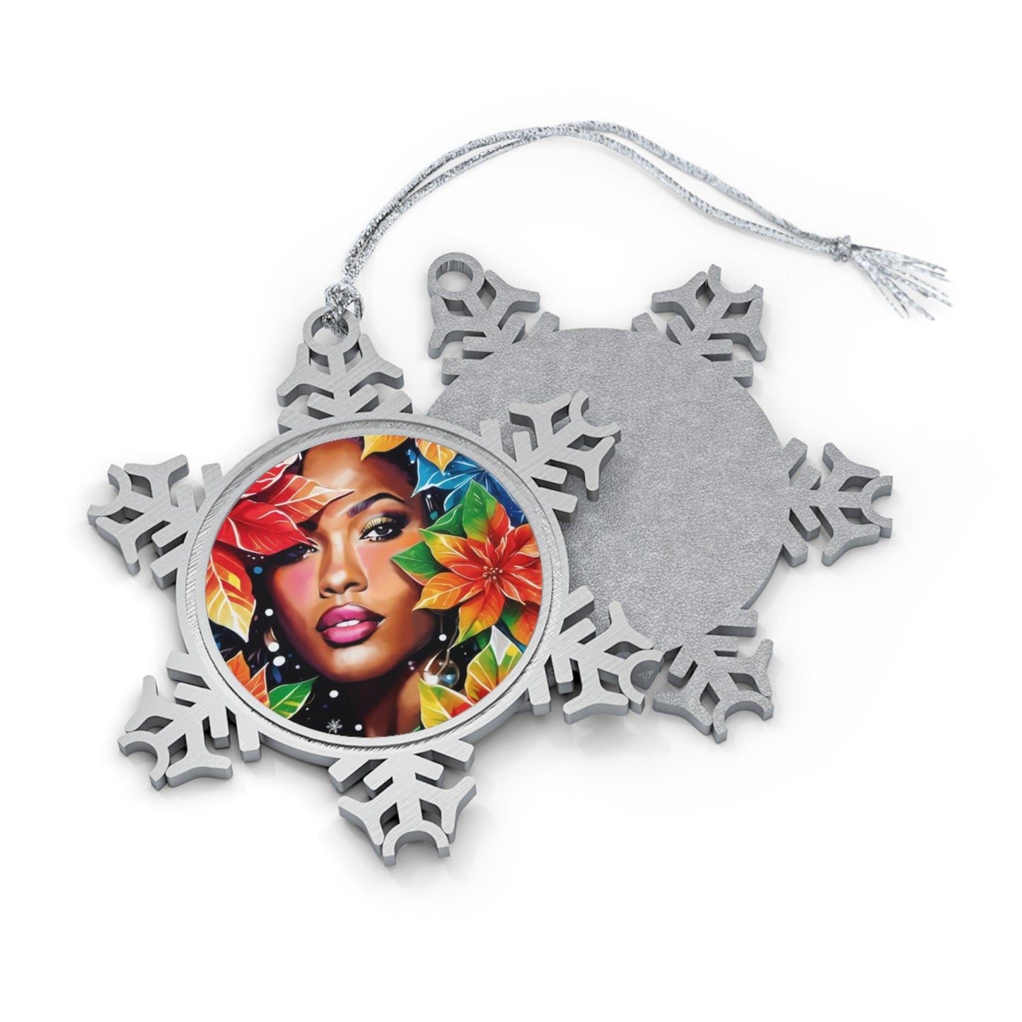 Among Poinsettias Pewter Snowflake Ornament - Raven Blanche Studio