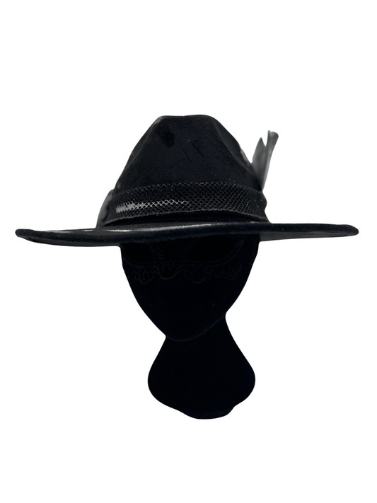 “Mystic Eclipse” – All-Black Vegan Suede Hat with Silver Splatter & Mystic Gaze Cards