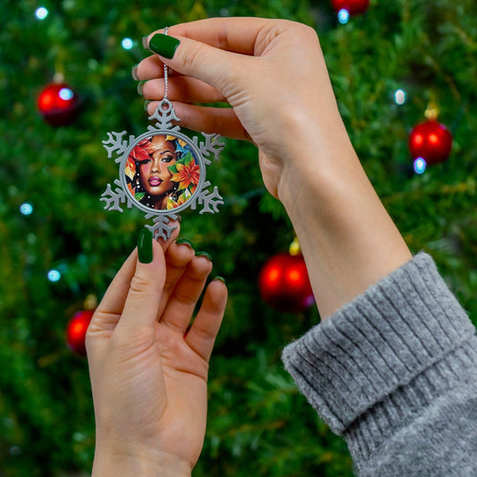 Among Poinsettias Pewter Snowflake Ornament - Raven Blanche Studio