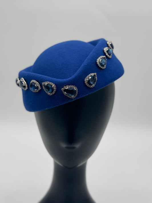 Royal Blue Wool Fascinator Hat with Crystal Embellishments – Handmade Statement Headpiece
