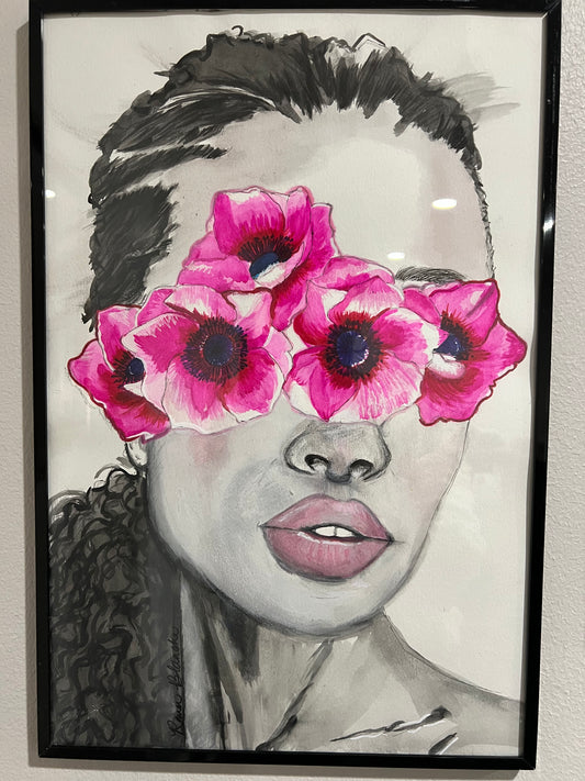 Woman with Flowers- framed watercolor