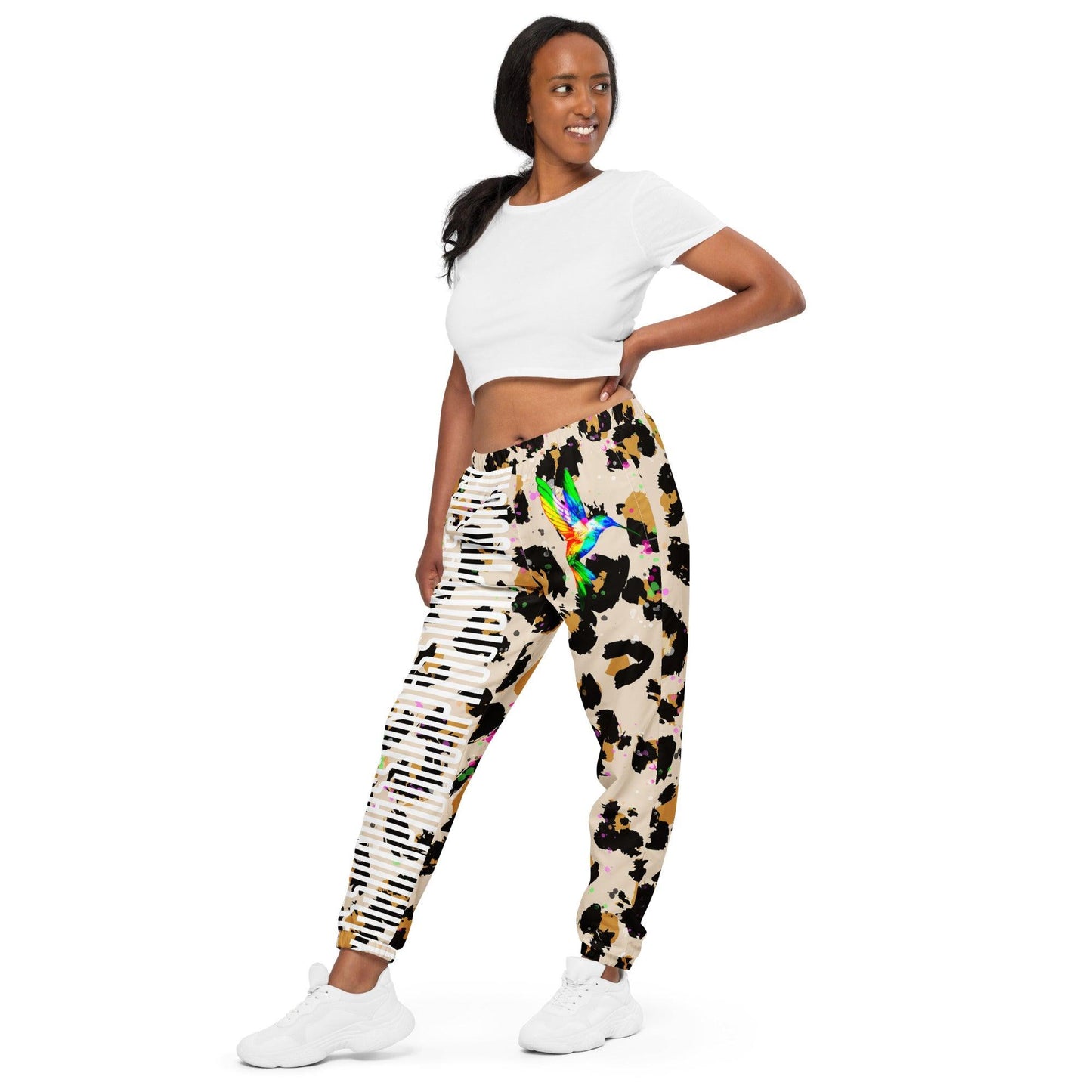 Leopard Power Track pants with hummingbird - Raven Blanche Studio