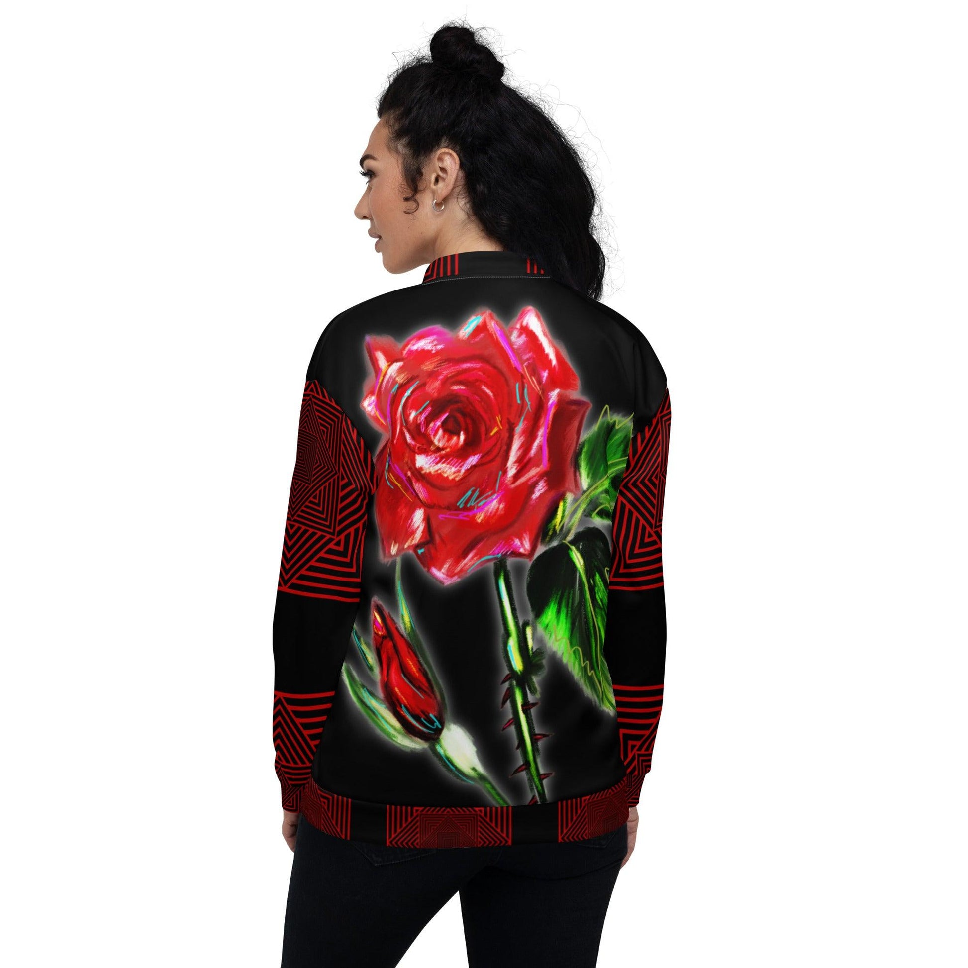 The Flaming Rose Unisex Bomber Jacket - Raven Blanche Studio