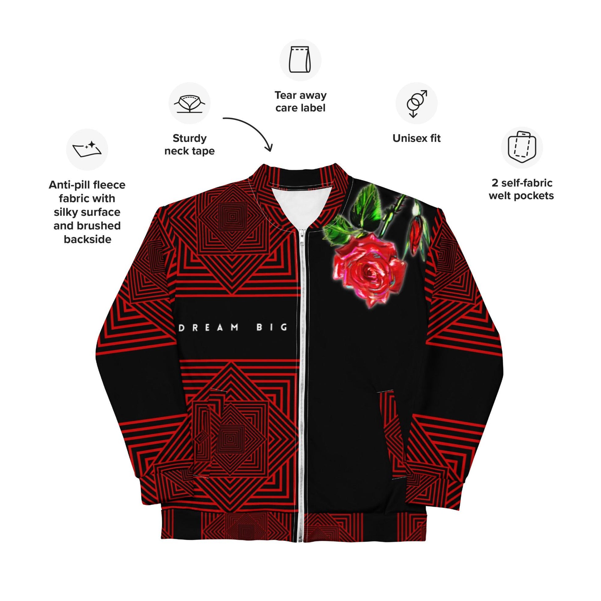 The Flaming Rose Unisex Bomber Jacket - Raven Blanche Studio